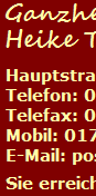 Ganzheitliche Praxis fr Physiotherapie | Heike Taprogge, Hauptstraße 353, 51465 Bergisch Gladbach | Telefon: 02202 / 98 99 780 | Telefax: 02202 / 98 99 781 | Mobil: 0173 / 26 38 136 | E-Mail: p*o*s*t@physiotherapie-taprogge.eu (ohne Sternchen)